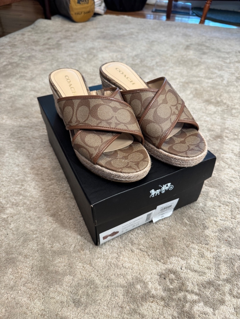 Coach Sloan Sig Espadrille Wedge Sandals CA366 Khaki Saddle Size 9B Box